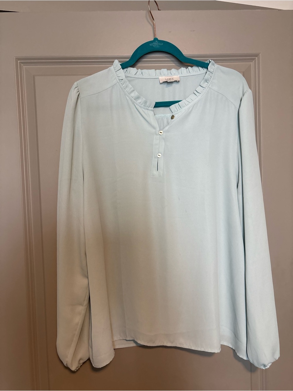 LOFT Pale Blue Ruffle-Trim Blouse